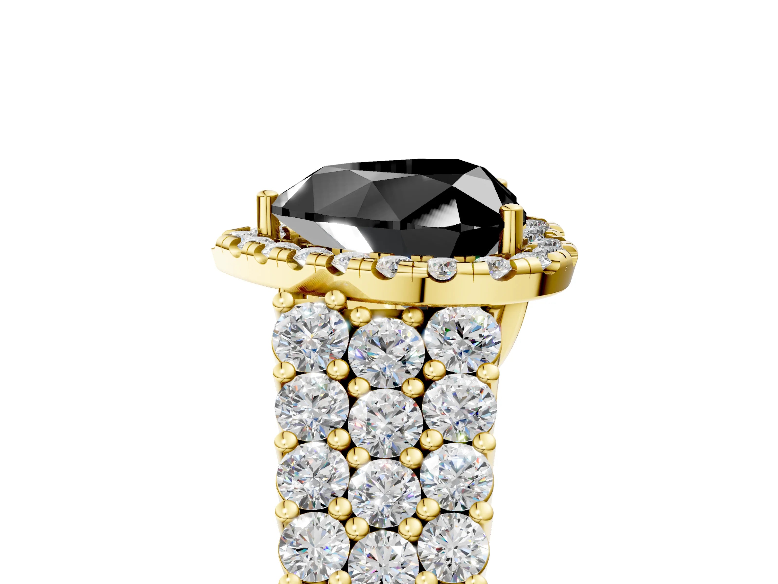 Yellow gold Fancy Black Heart Cut Halo Pavé Diamond Engagement Ring with Split Shank and Four-Prong Setting_8
