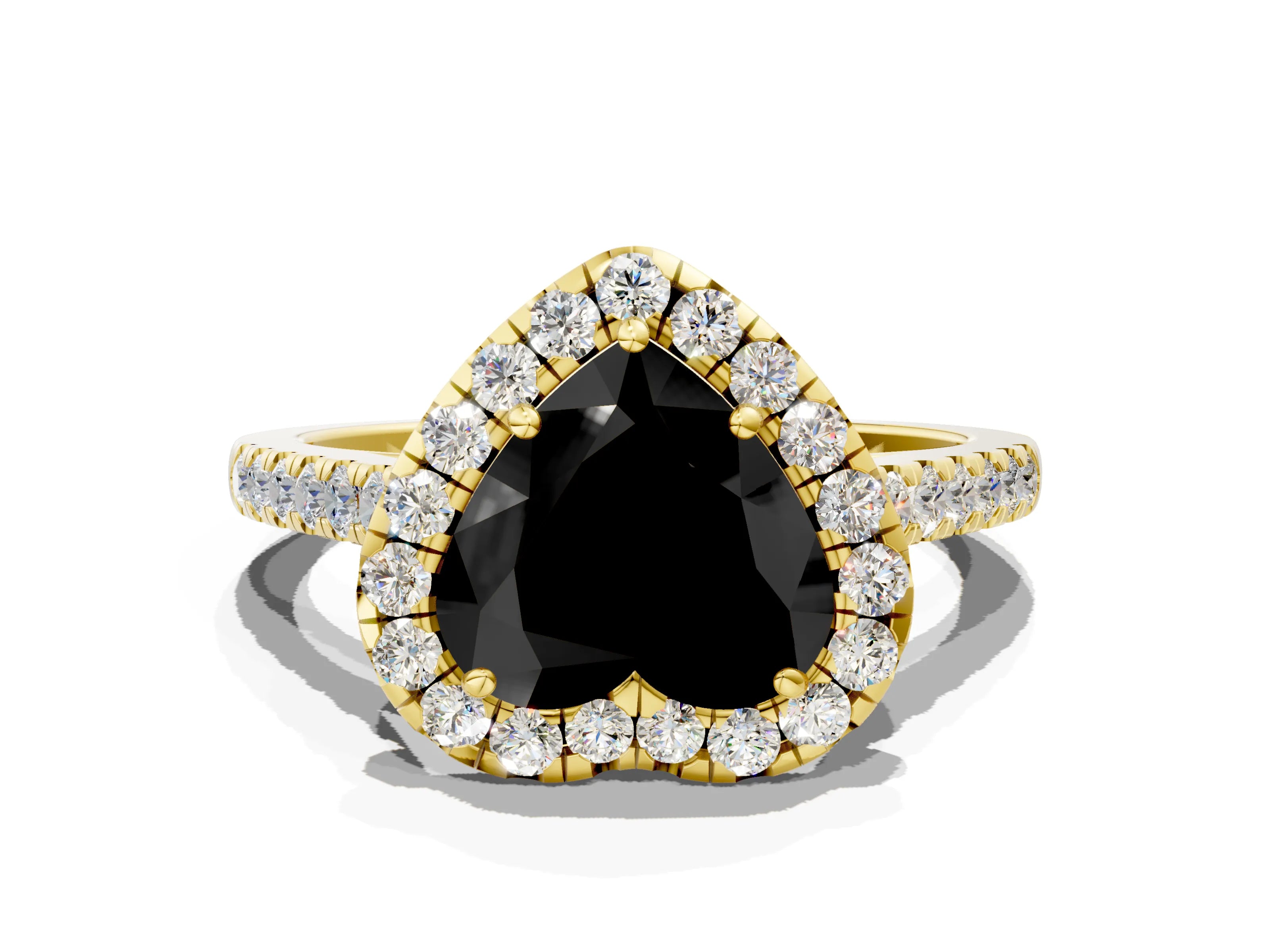 Yellow gold Fancy Black Heart Cut Halo Pave Diamond Engagement Ring with Four-Prong Setting