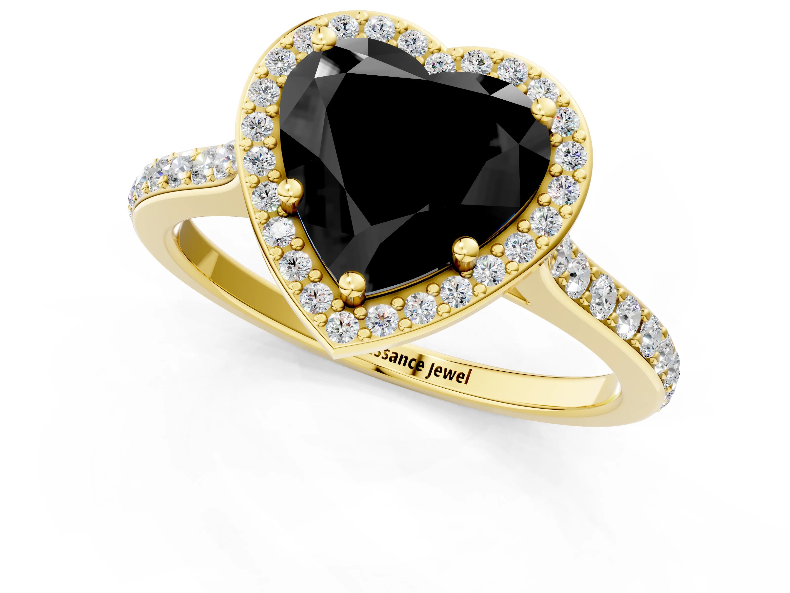 Yellow gold Fancy Black Heart Cut Halo Round Diamond Pavé Band with Four-Prong Setting_4
