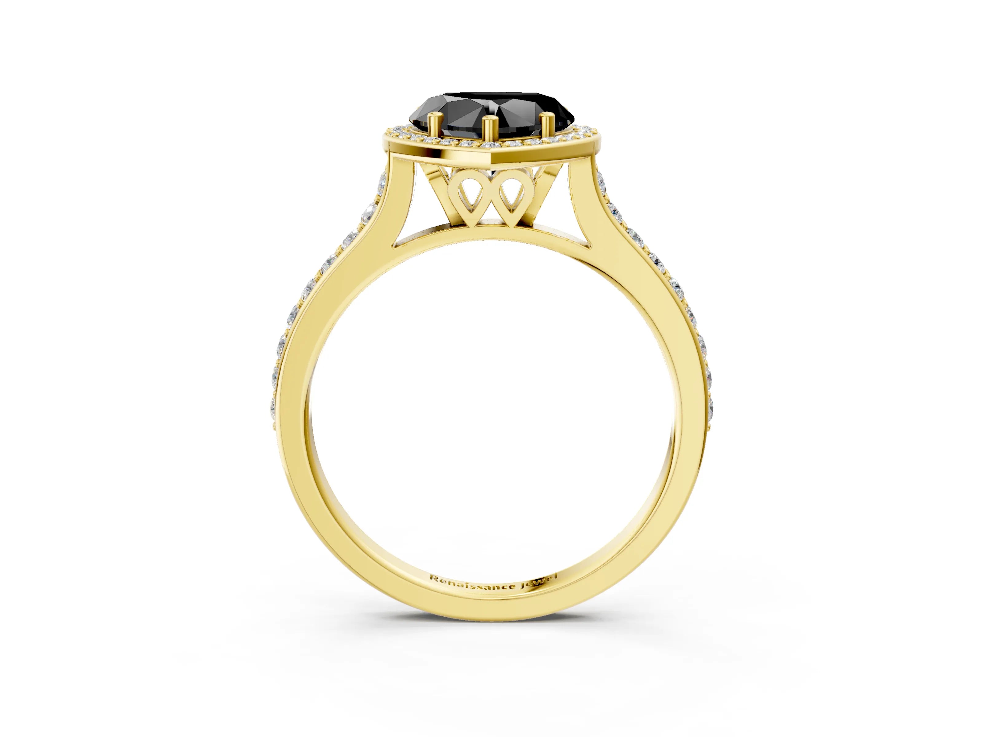 Yellow gold Fancy Black Heart Cut Halo Round Diamond Pavé Band with Four-Prong Setting_6