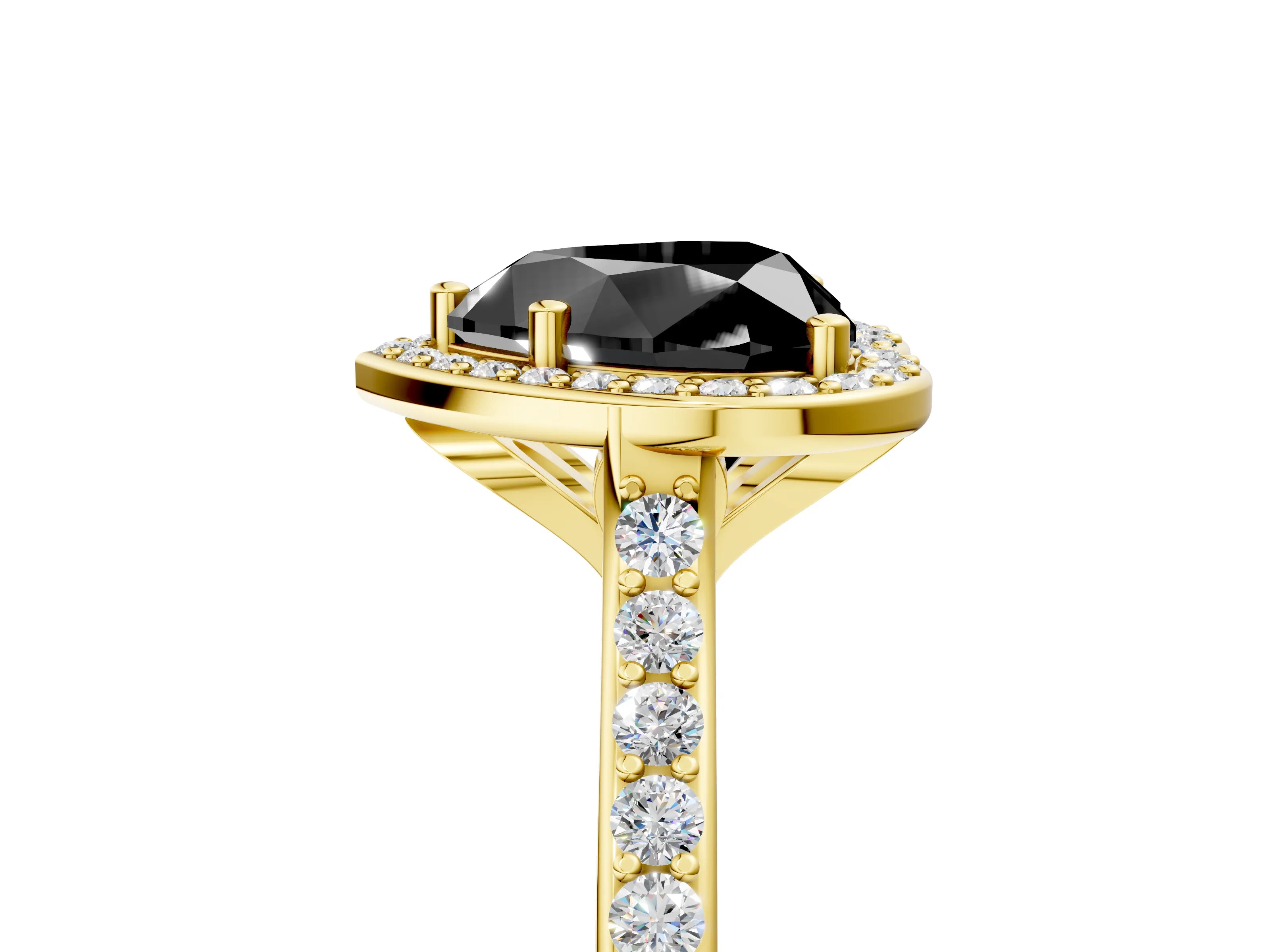 Yellow gold Fancy Black Heart Cut Halo Round Diamond Pavé Band with Four-Prong Setting_8
