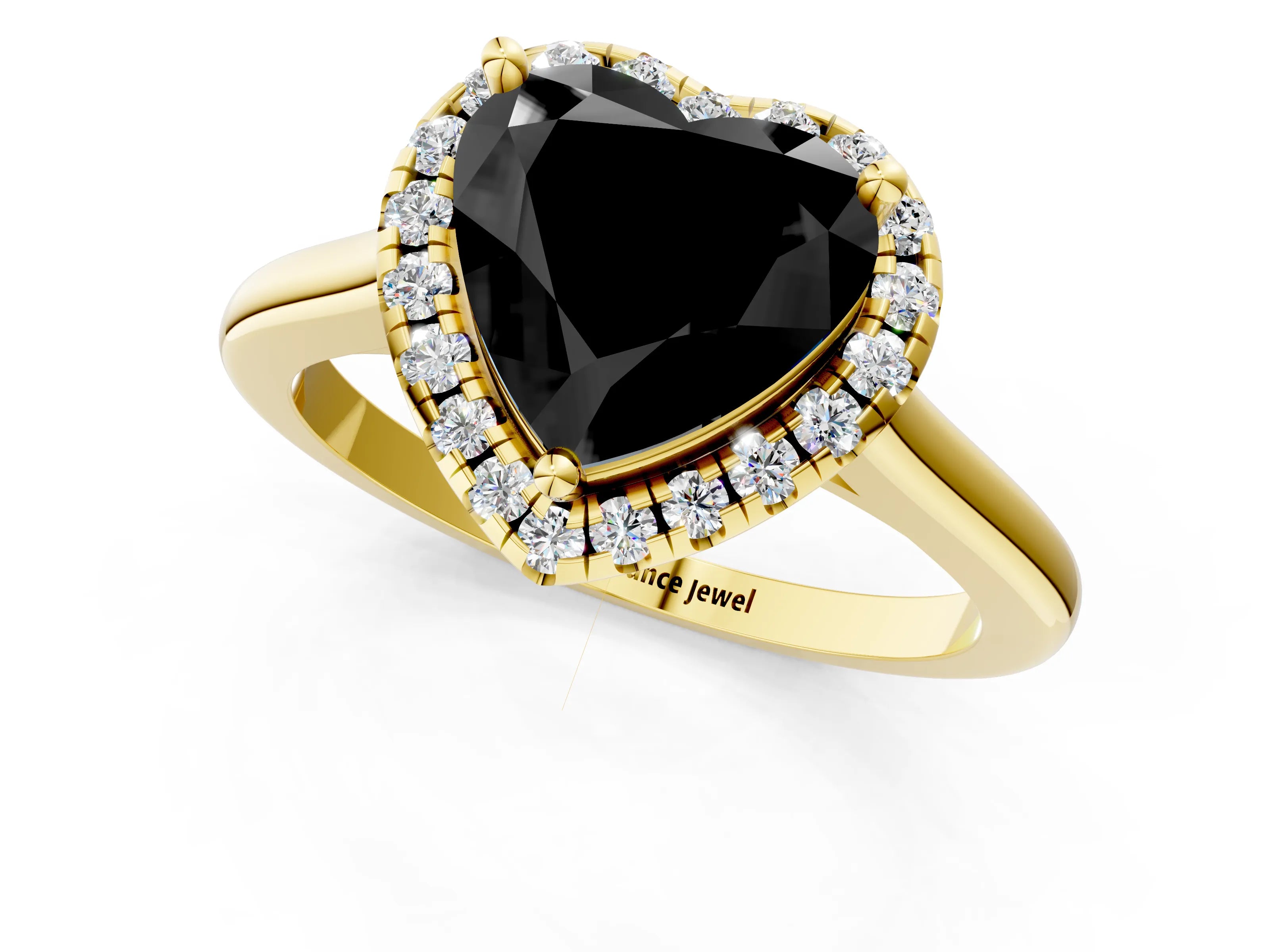 Yellow gold Fancy Black Heart Cut Halo Round Diamond Solitaire Engagement Ring with Pave Band and Four-Prong Setting_13