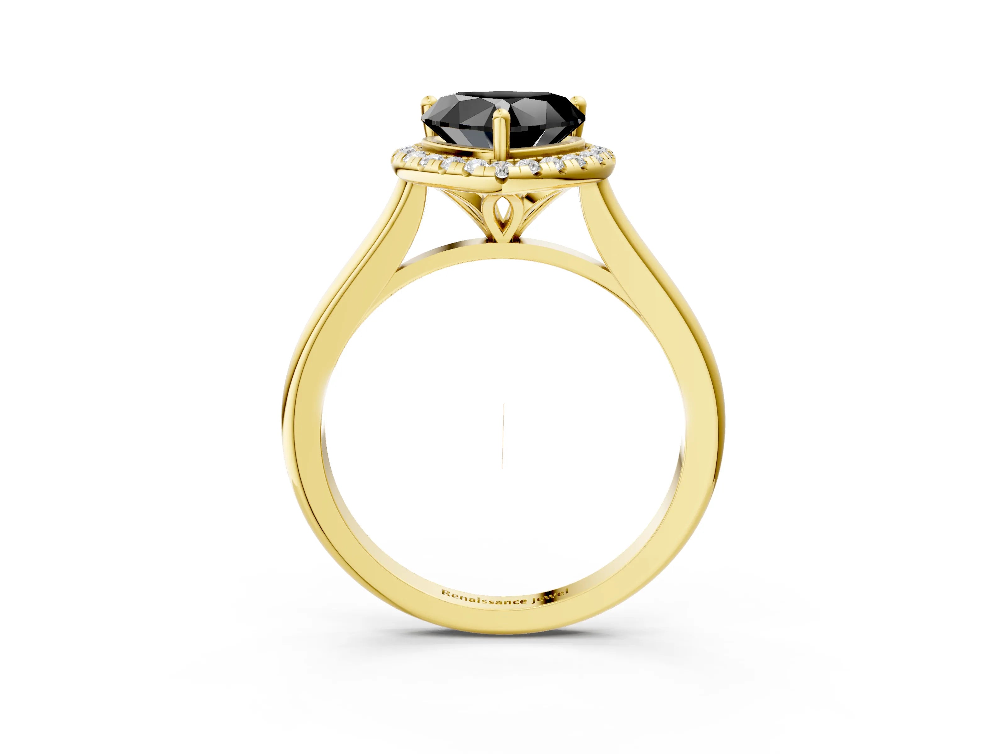 Yellow gold Fancy Black Heart Cut Halo Round Diamond Solitaire Engagement Ring with Pave Band and Four-Prong Setting_15