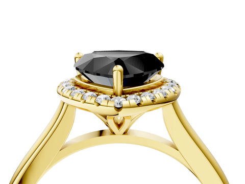 Yellow gold Fancy Black Heart Cut Halo Round Diamond Solitaire Engagement Ring with Pave Band and Four-Prong Setting_16