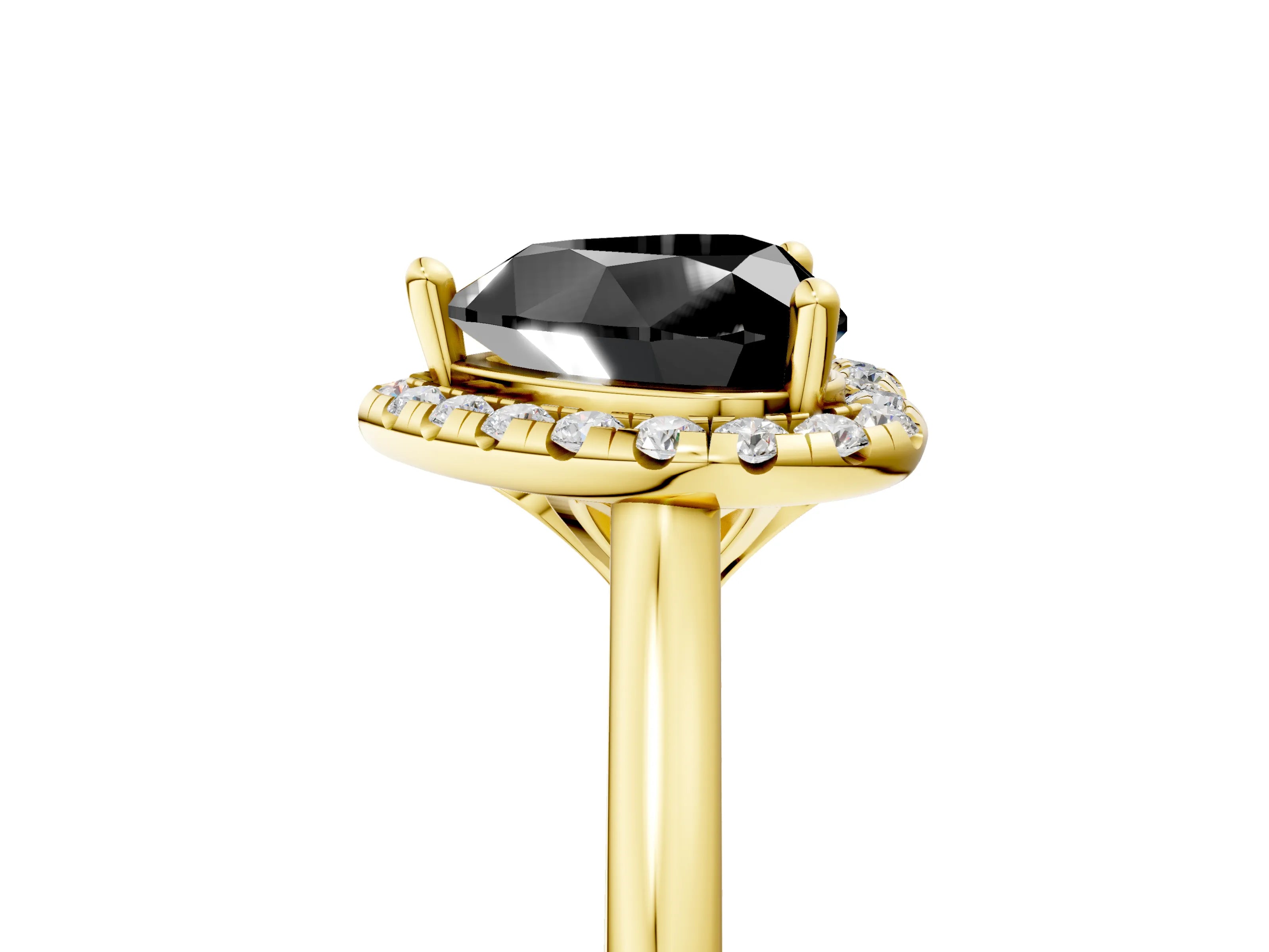 Yellow gold Fancy Black Heart Cut Halo Round Diamond Solitaire Engagement Ring with Pave Band and Four-Prong Setting_17