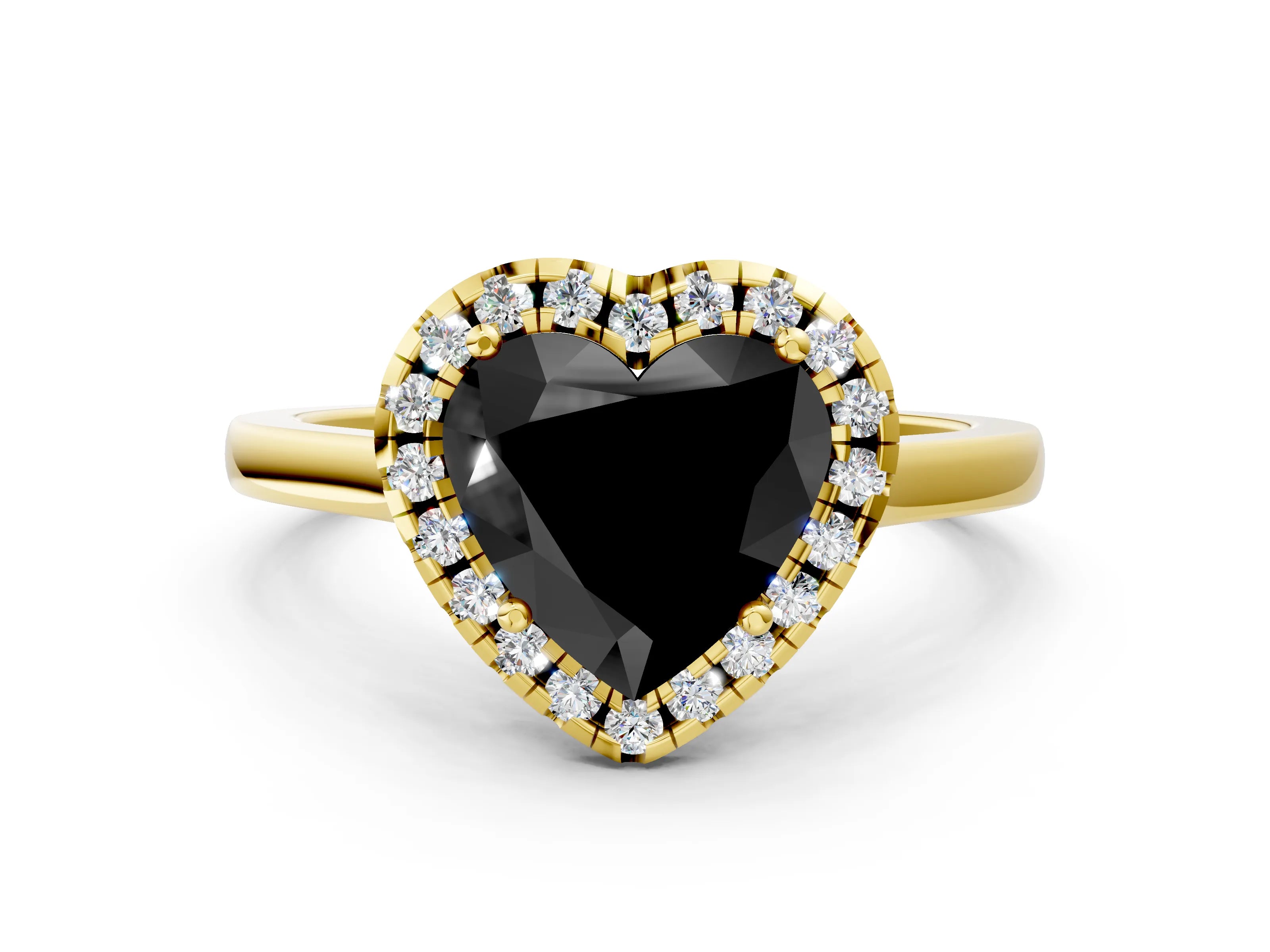 Yellow gold Fancy Black Heart Cut Halo Round Diamond Solitaire Ring with Pavé Band and Four-Prong Setting_12