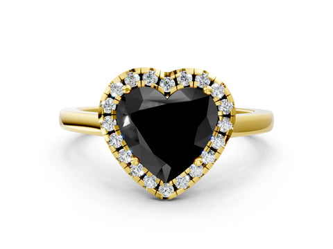 Yellow gold Fancy Black Heart Cut Halo Round Diamond Solitaire Ring with Pavé Band and Four-Prong Setting_12