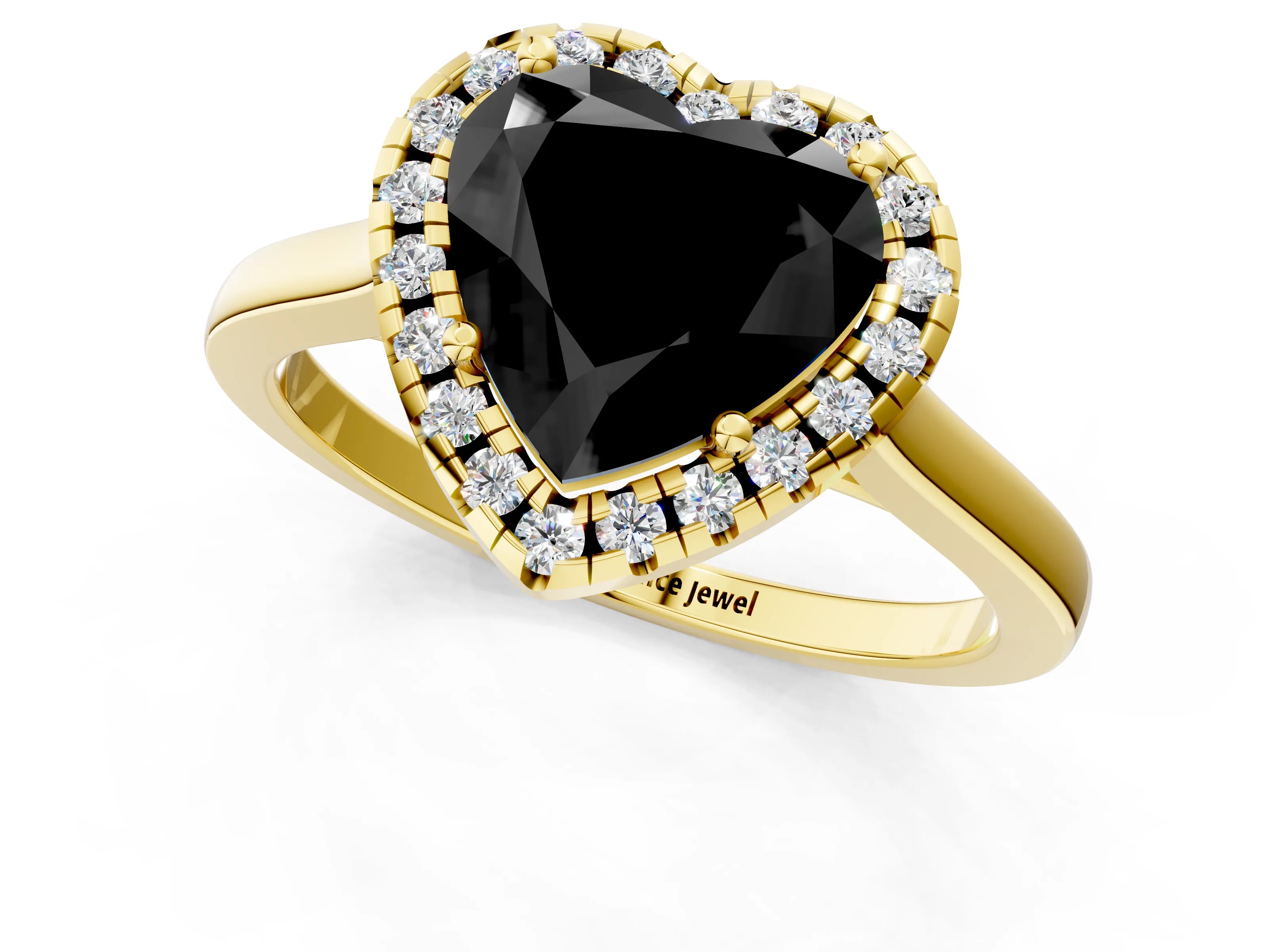 Yellow gold Fancy Black Heart Cut Halo Round Diamond Solitaire Ring with Pavé Band and Four-Prong Setting_13