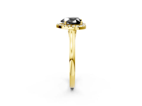 Yellow gold Fancy Black Heart Cut Halo Round Diamond Solitaire Ring with Pavé Band and Four-Prong Setting_14
