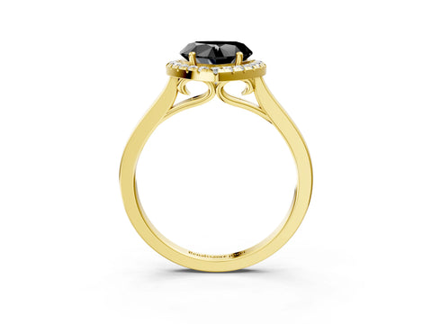 Yellow gold Fancy Black Heart Cut Halo Round Diamond Solitaire Ring with Pavé Band and Four-Prong Setting_15