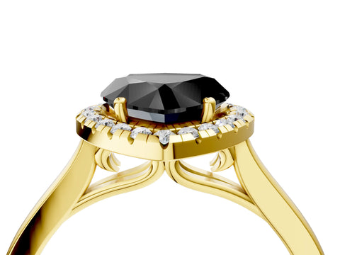 Yellow gold Fancy Black Heart Cut Halo Round Diamond Solitaire Ring with Pavé Band and Four-Prong Setting_16