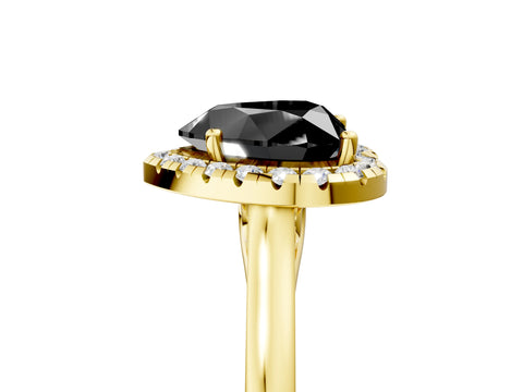 Yellow gold Fancy Black Heart Cut Halo Round Diamond Solitaire Ring with Pavé Band and Four-Prong Setting_17