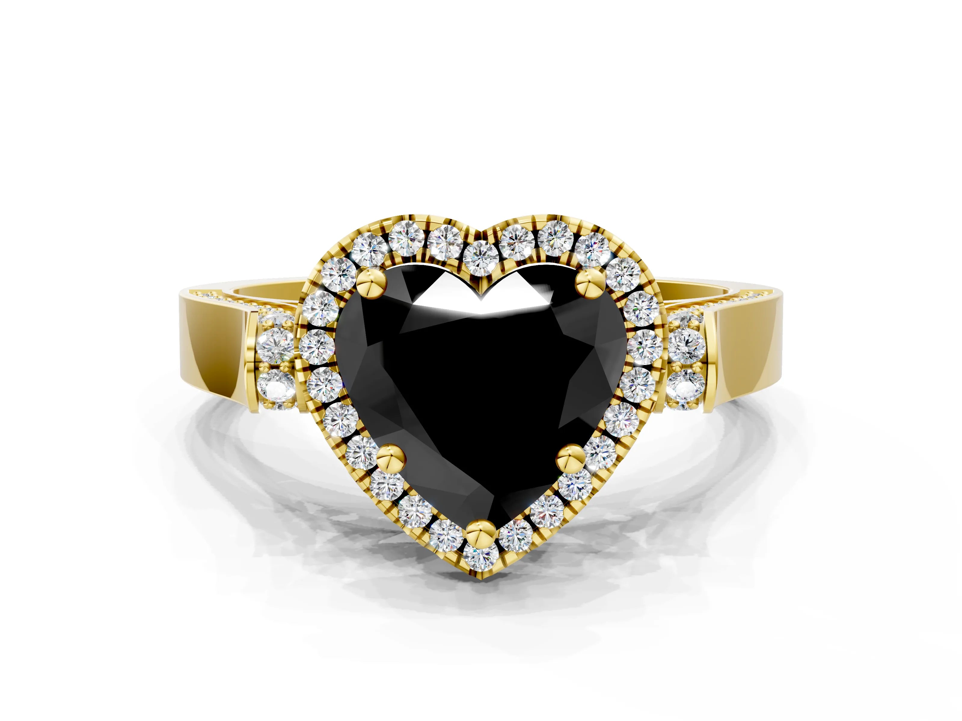 Yellow gold Fancy Black Heart Cut Halo Round Diamond Twist Band with Four-Prong Setting
