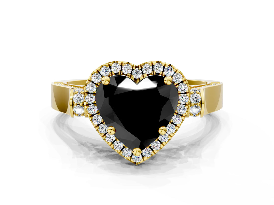 Yellow gold Fancy Black Heart Cut Halo Round Diamond Twist Band with Four-Prong Setting