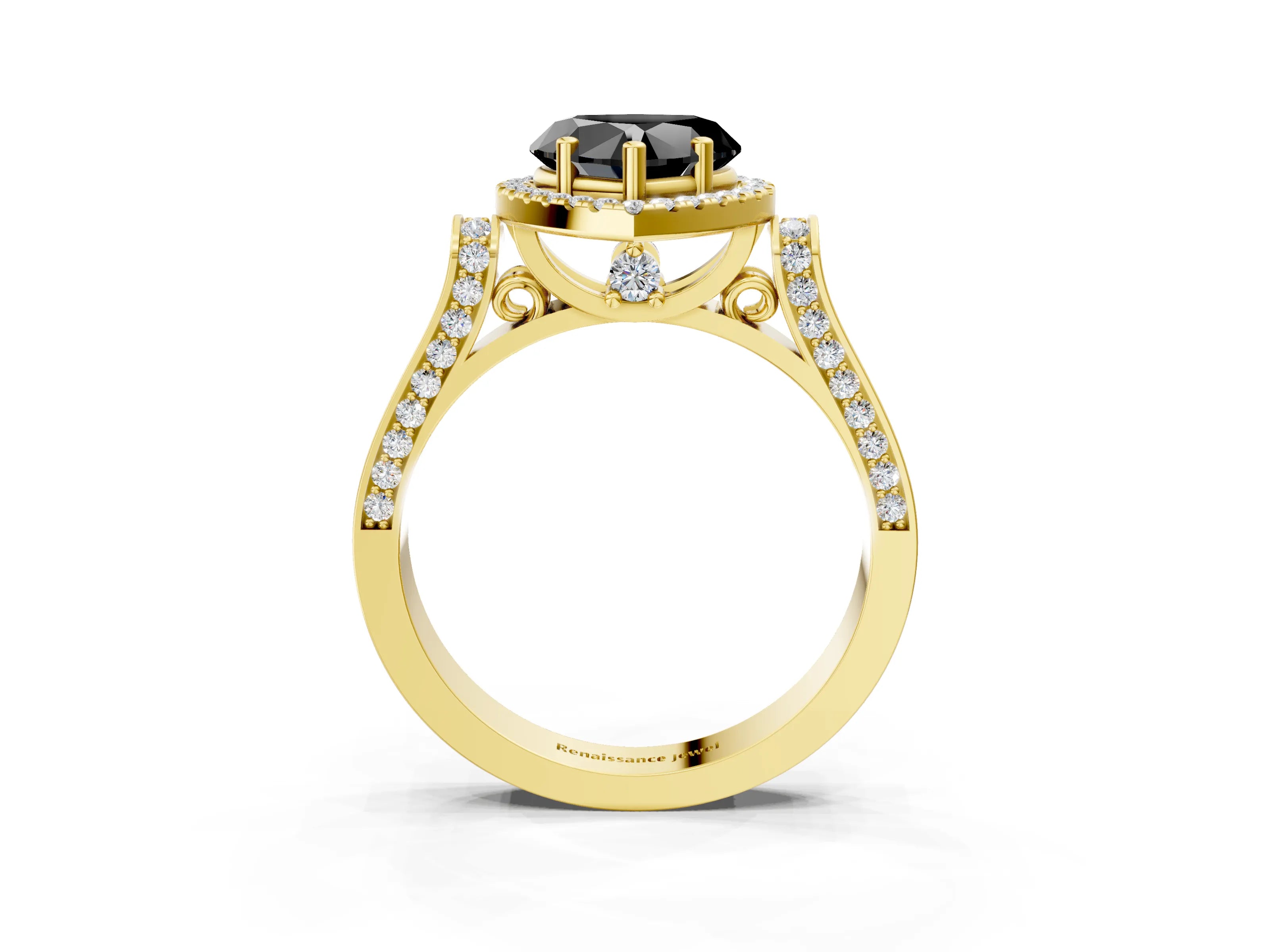 Yellow gold Fancy Black Heart Cut Halo Round Diamond Twist Band with Four-Prong Setting_3