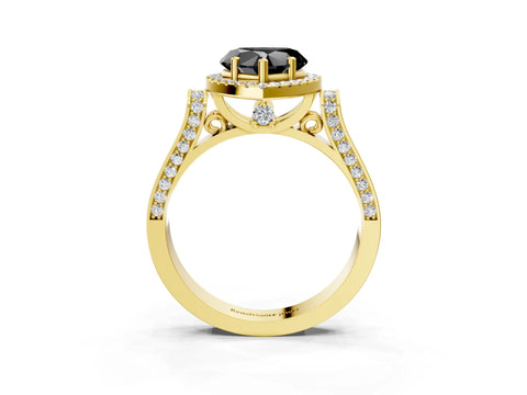 Yellow gold Fancy Black Heart Cut Halo Round Diamond Twist Band with Four-Prong Setting_3