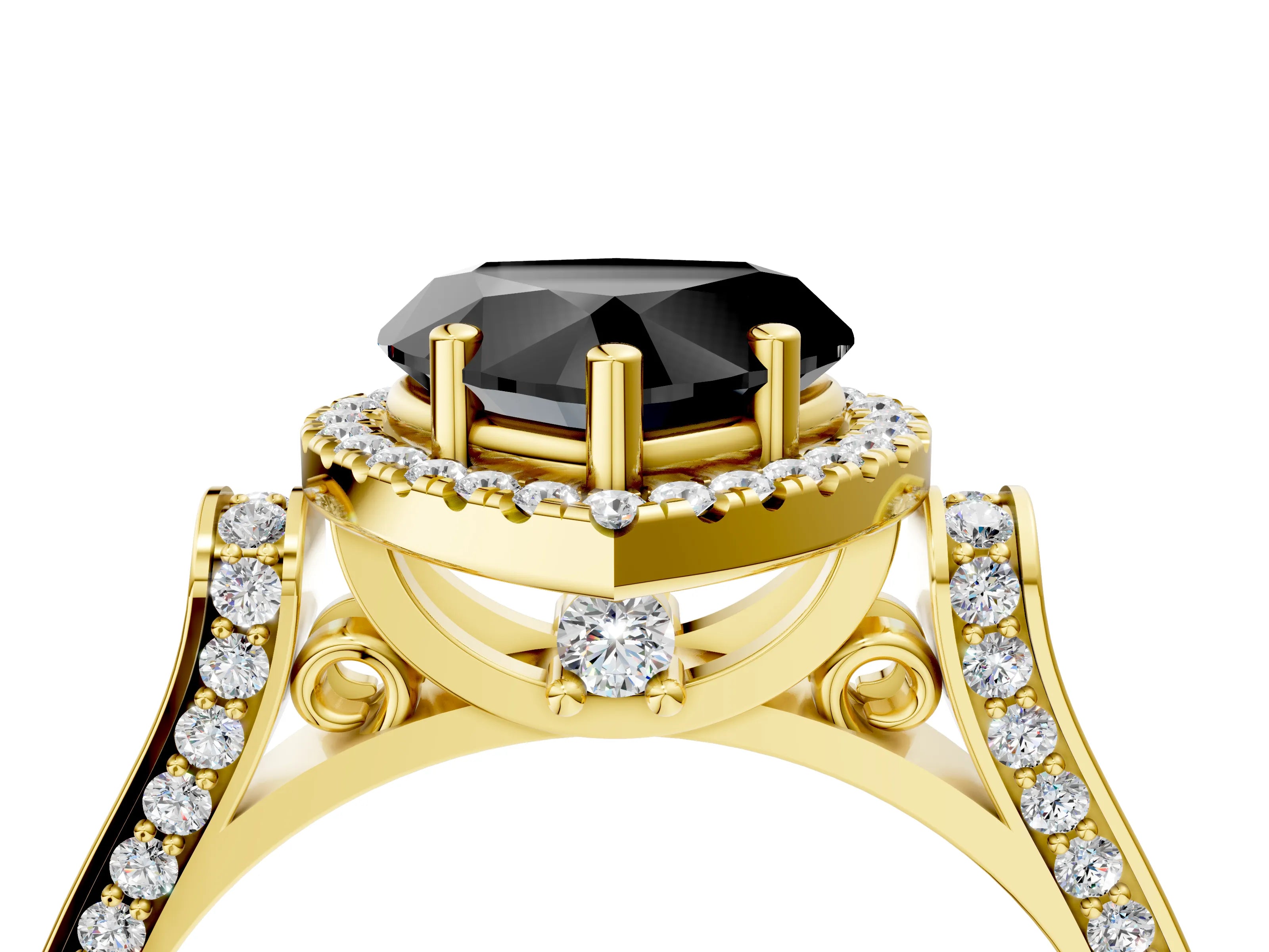 Yellow gold Fancy Black Heart Cut Halo Round Diamond Twist Band with Four-Prong Setting_4