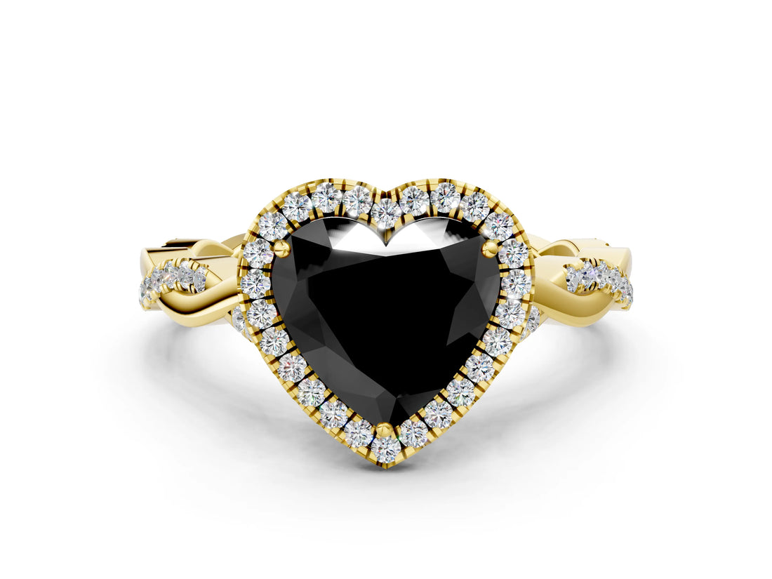 Yellow gold Fancy Black Heart Cut Halo Twist Band with Four-Prong Setting_12