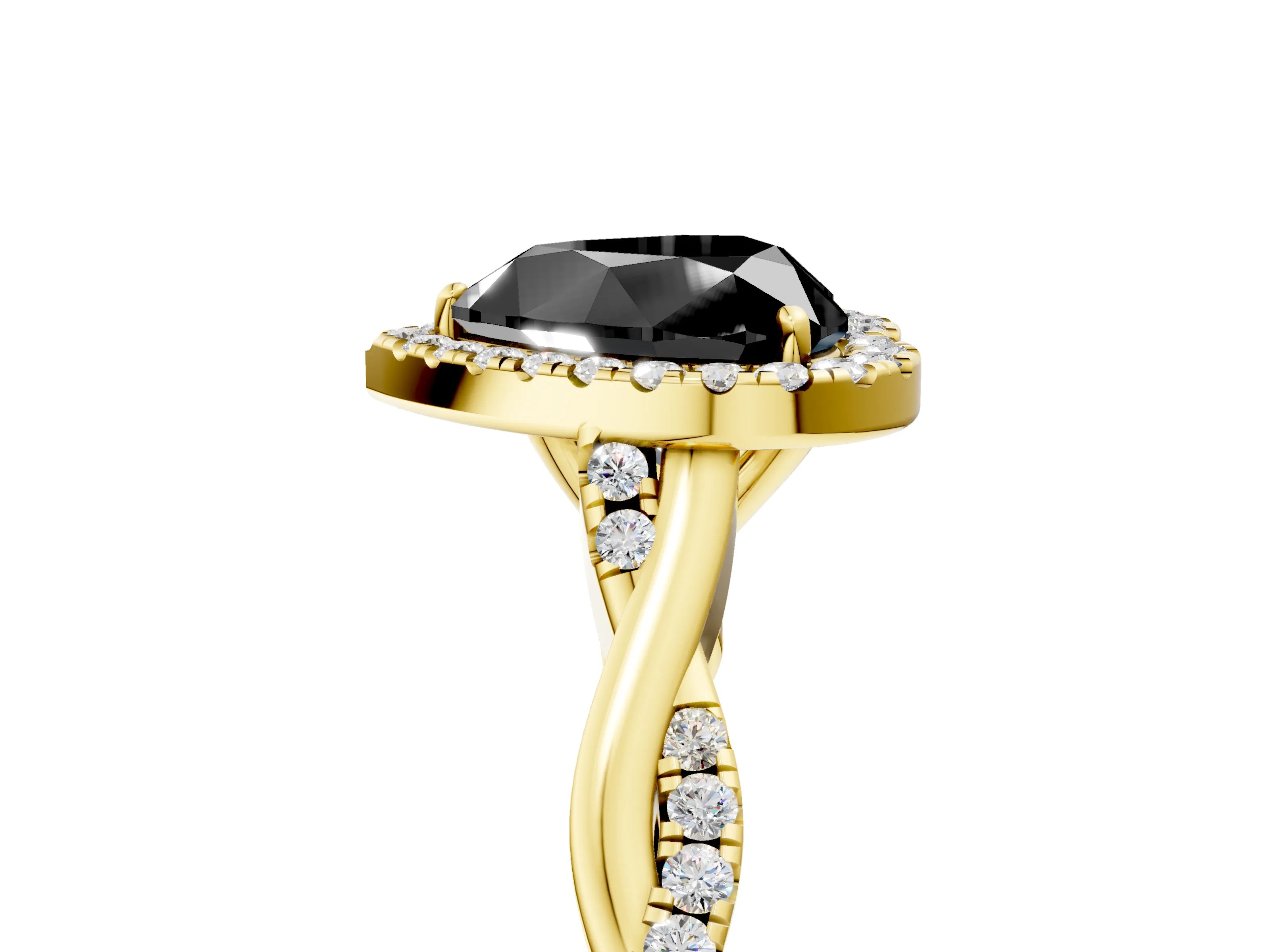 Yellow gold Fancy Black Heart Cut Halo Twist Band with Four-Prong Setting_17