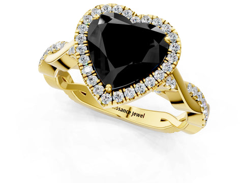 Yellow gold Fancy Black Heart Cut Halo Twist Band with Four-Prong Setting_1