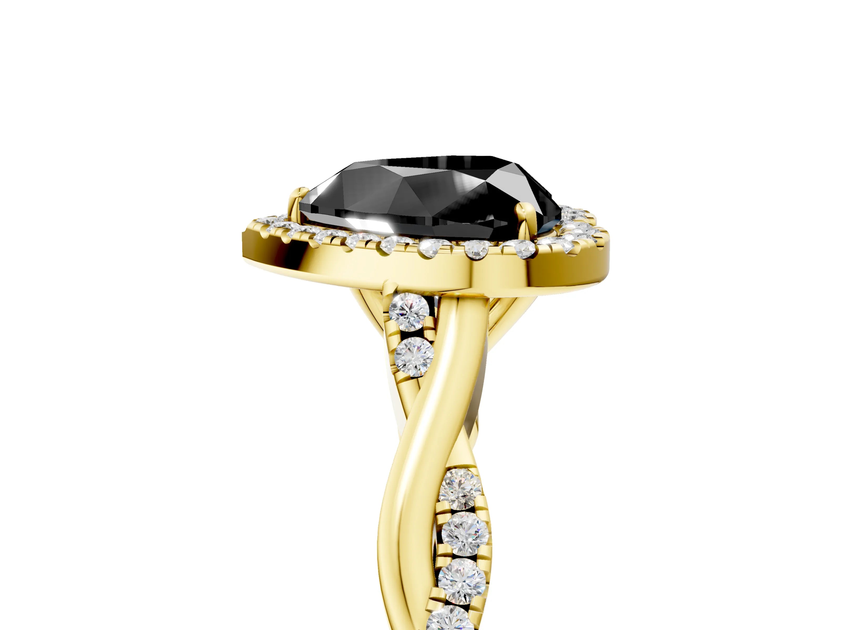 Yellow gold Fancy Black Heart Cut Halo Twist Band with Four-Prong Setting_5