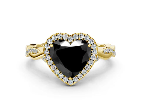 Yellow gold Fancy Black Heart Cut Halo Twist Band with Four-Prong Setting