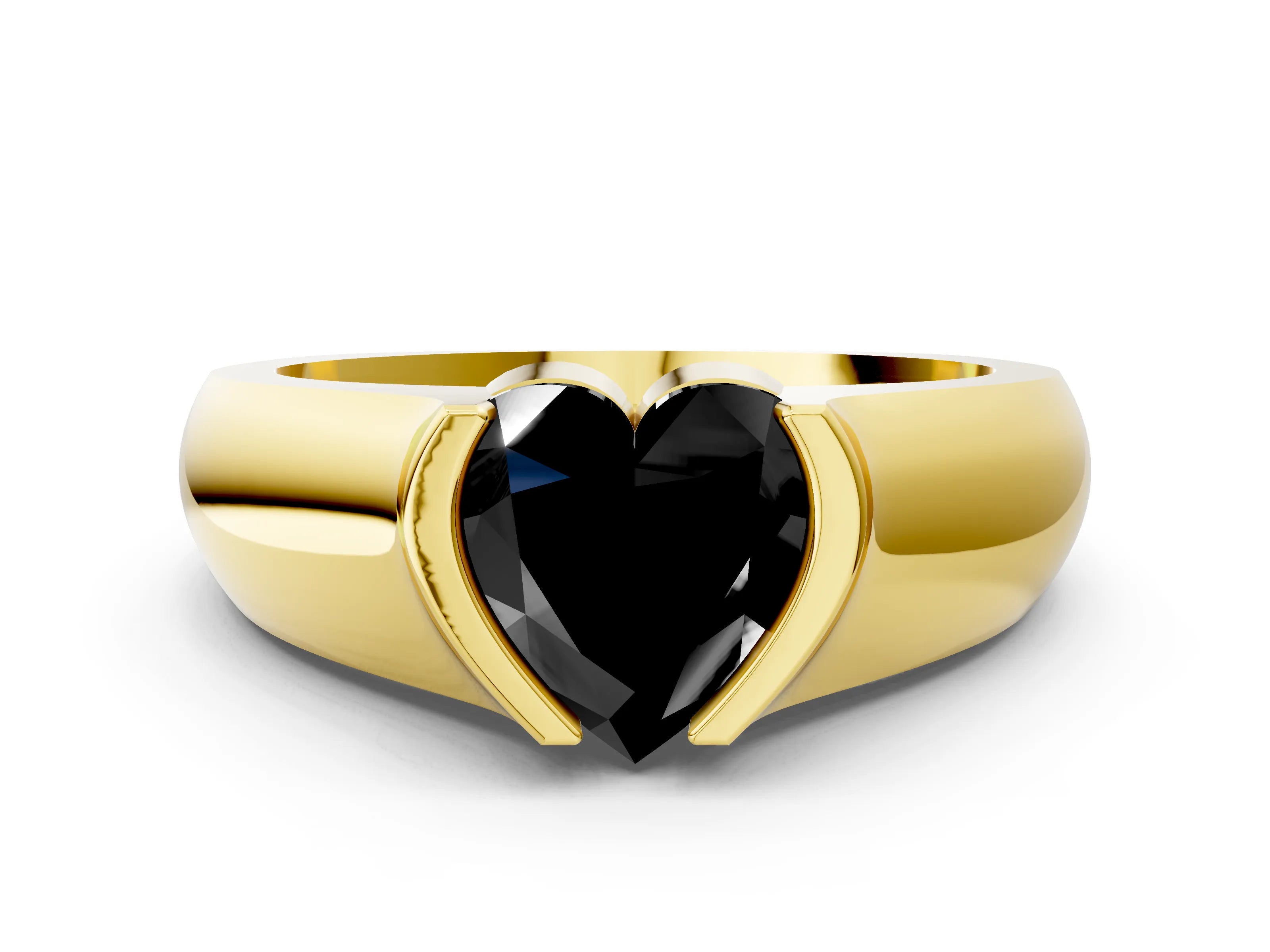 Yellow gold Fancy Black Heart Cut Solitaire Bezel Set Diamond Ring with Wide Band
