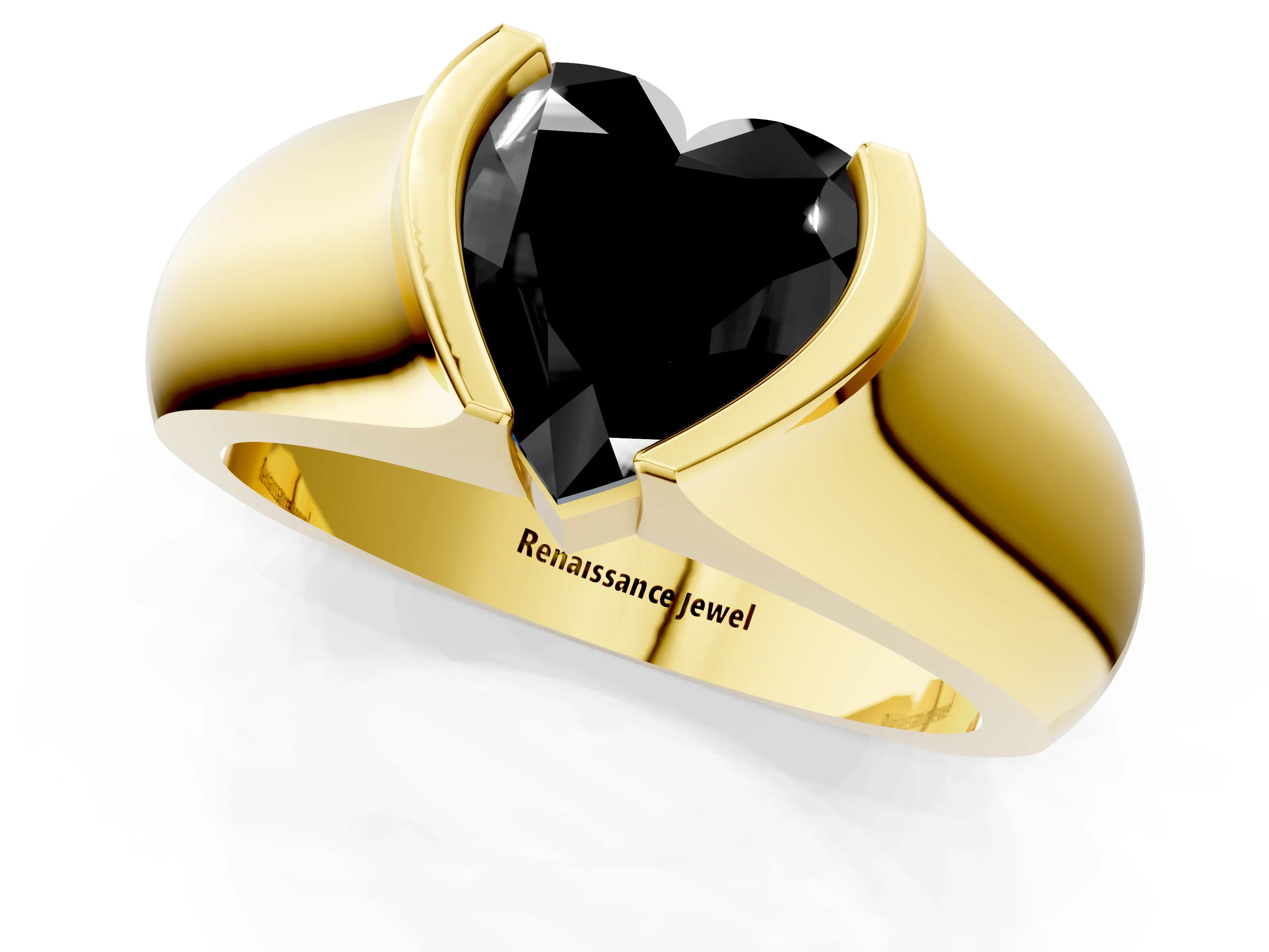 Yellow gold Fancy Black Heart Cut Solitaire Bezel Set Diamond Ring with Wide Band_1