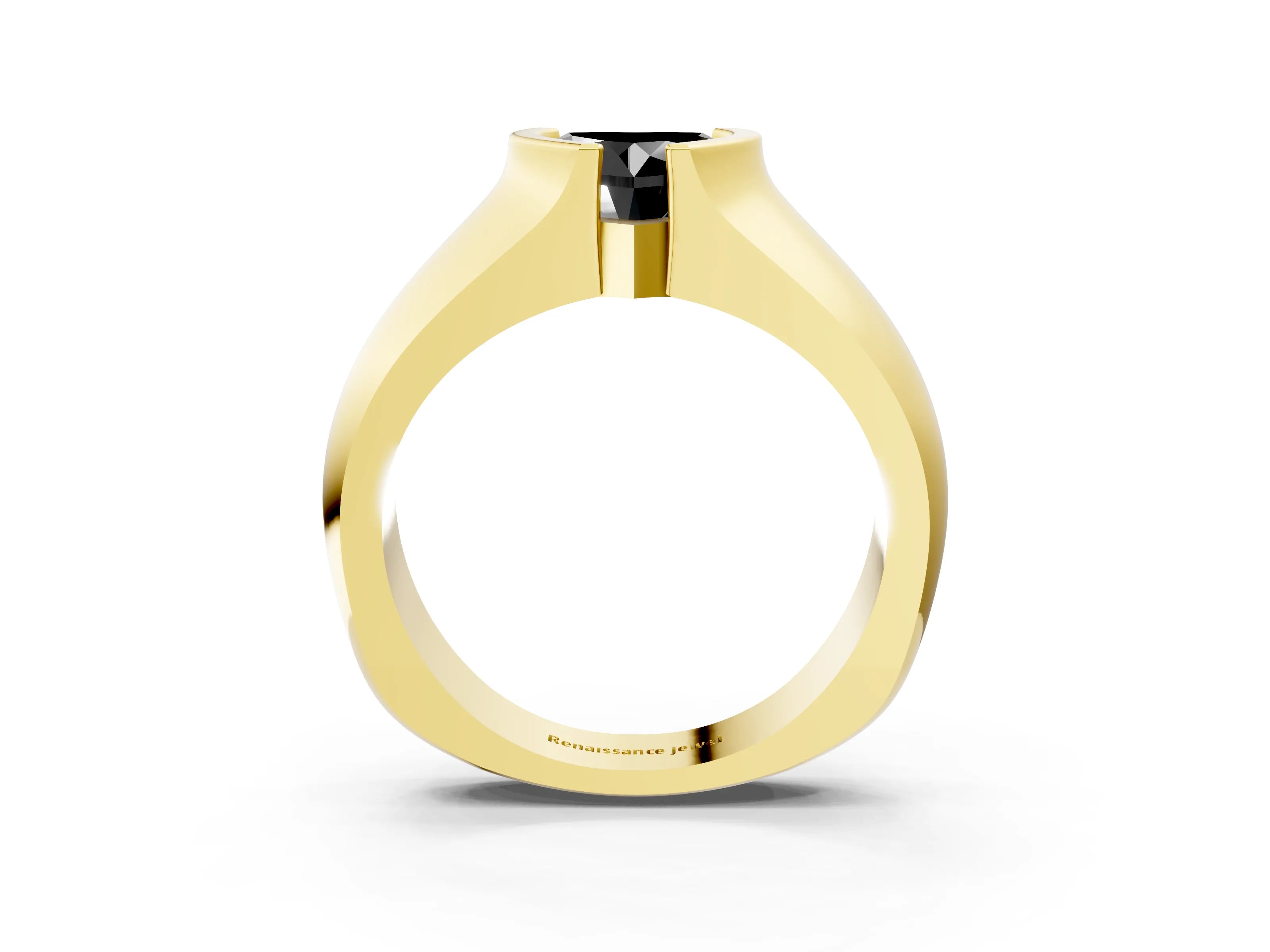 Yellow gold Fancy Black Heart Cut Solitaire Bezel Set Diamond Ring with Wide Band_3