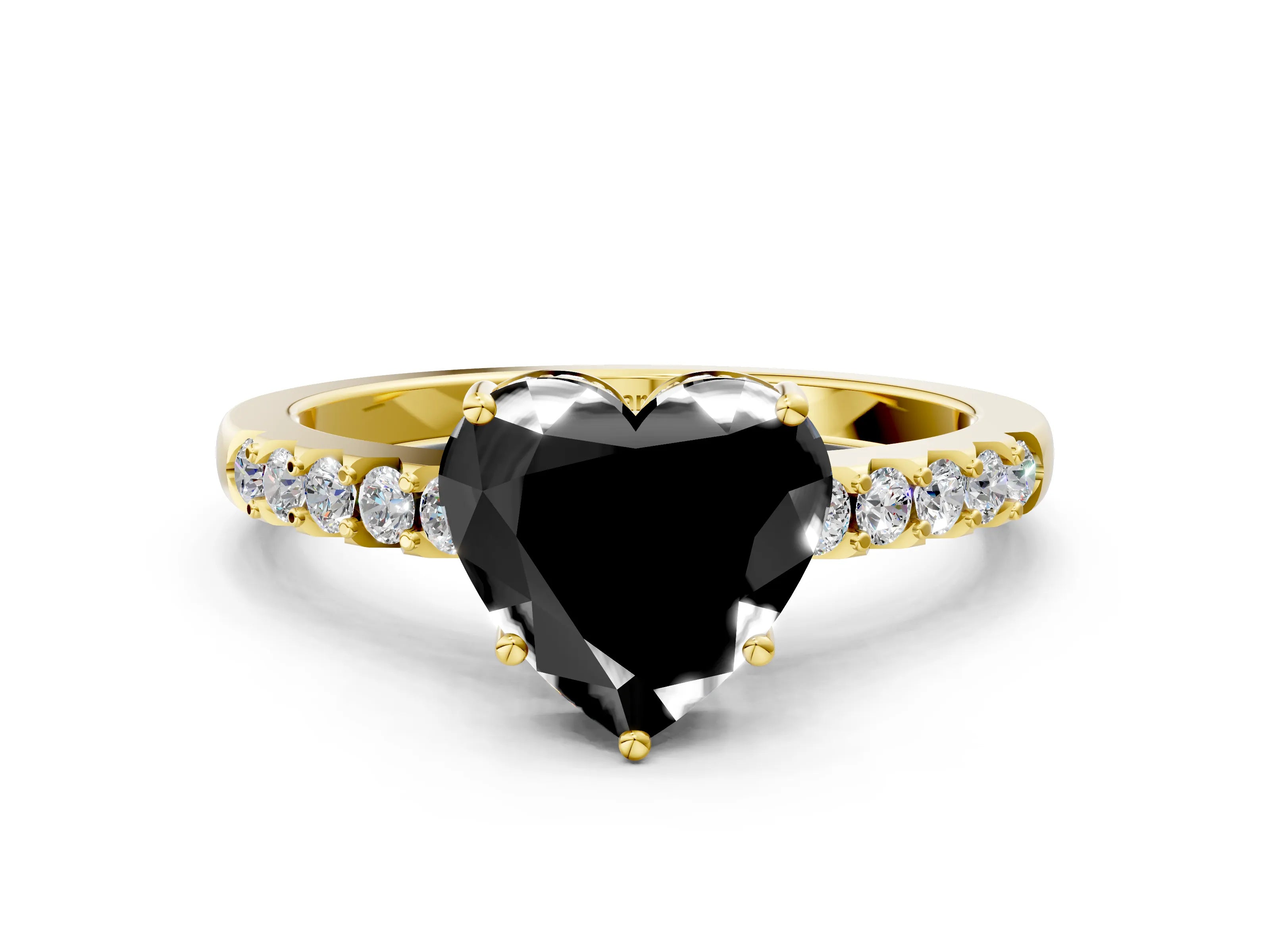 Yellow gold Fancy Black Heart Cut Solitaire Diamond Engagement Ring with Pavé Band and Six-Prong Setting_12