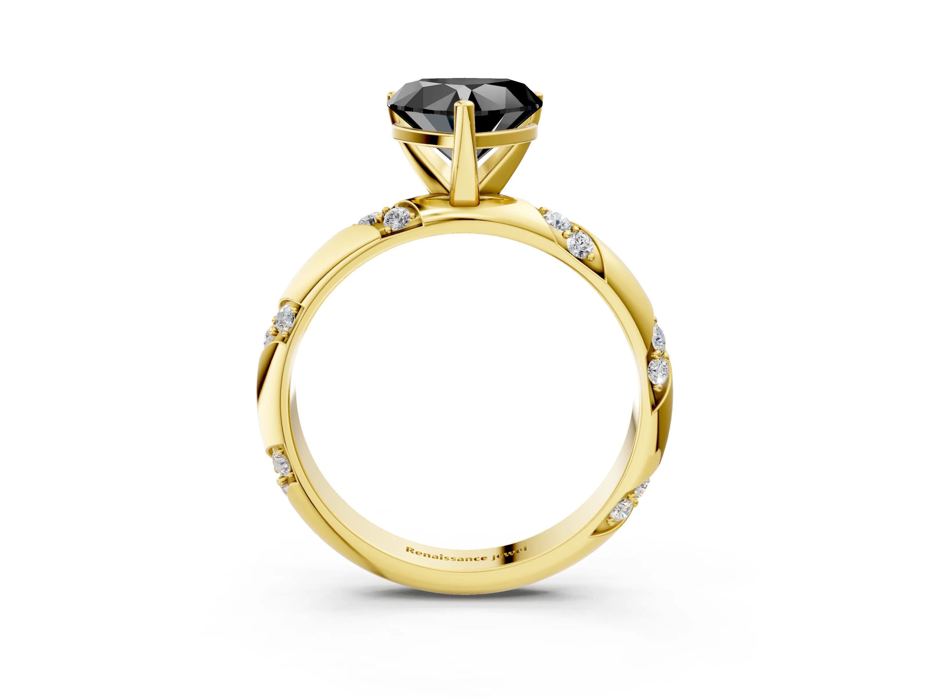Yellow gold Fancy Black Heart Cut Solitaire Diamond Engagement Ring with Twisted Pave Band and Four-Prong Setting_6