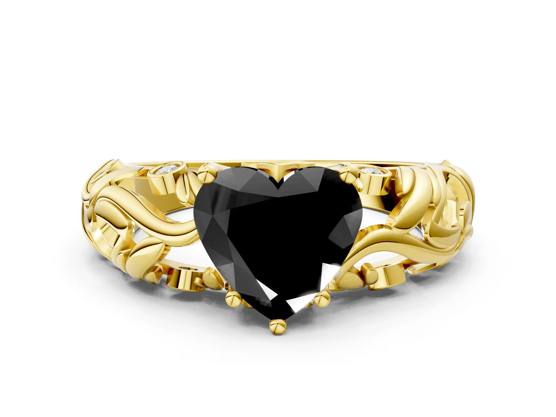 Yellow gold Fancy Black Heart Cut Solitaire Diamond Leaf-Inspired Vine Band Ring with Prong Setting