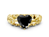 Yellow gold Fancy Black Heart Cut Solitaire Diamond Leaf-Inspired Vine Band Ring with Prong Setting