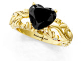 Yellow gold Fancy Black Heart Cut Solitaire Diamond Leaf-Inspired Vine Band Ring with Prong Setting_1