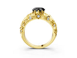 Yellow gold Fancy Black Heart Cut Solitaire Diamond Leaf-Inspired Vine Band Ring with Prong Setting_3