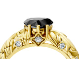 Yellow gold Fancy Black Heart Cut Solitaire Diamond Leaf-Inspired Vine Band Ring with Prong Setting_4