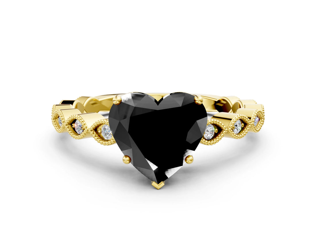 Yellow gold Fancy Black Heart Cut Solitaire Diamond Ring with Infinity Twist Band and Four-Prong Setting