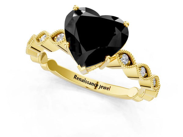 Yellow gold Fancy Black Heart Cut Solitaire Diamond Ring with Infinity Twist Band and Four-Prong Setting