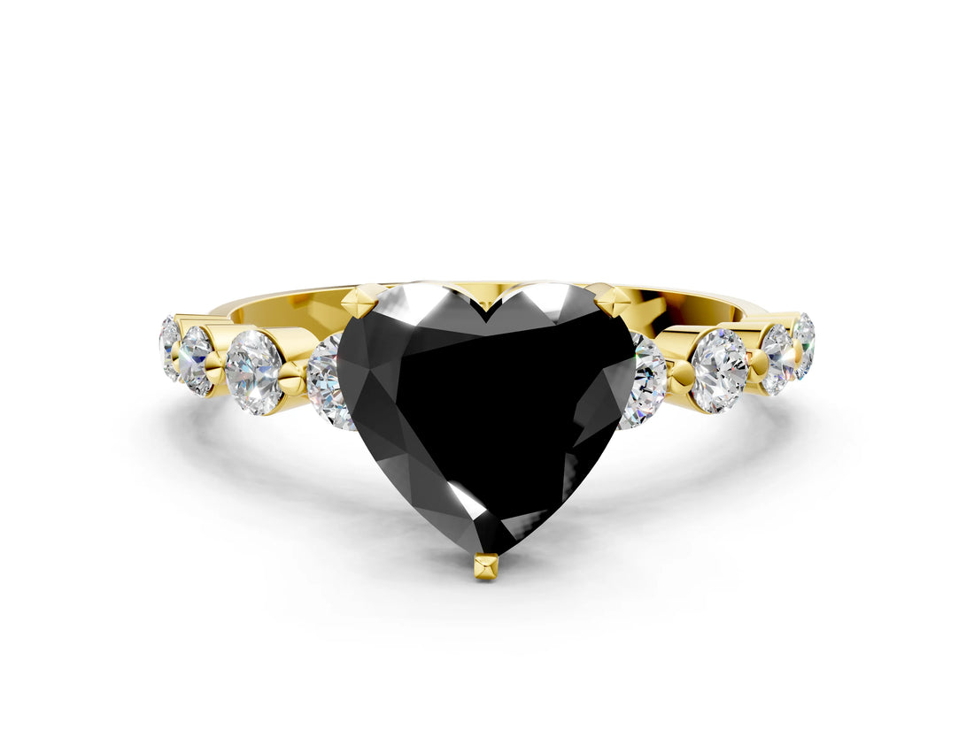 Yellow gold Fancy Black Heart Cut Solitaire Diamond Ring with Pave Band and Four-Prong Setting