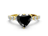 Yellow gold Fancy Black Heart Cut Solitaire Diamond Ring with Pave Band and Four-Prong Setting