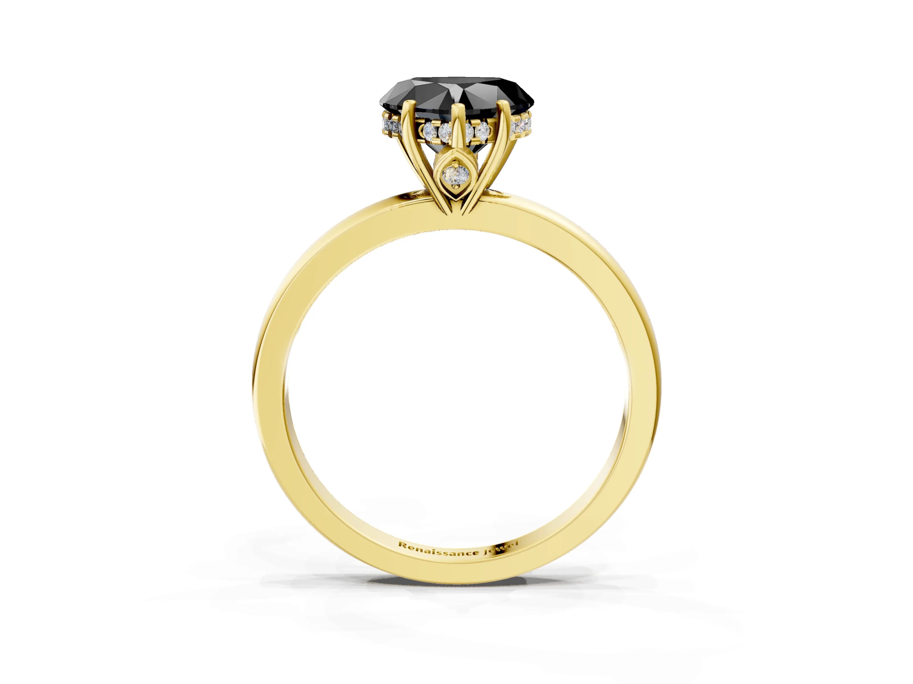 Yellow gold Fancy Black Heart Cut Solitaire Diamond Ring with Prong Setting and Plain Band_3