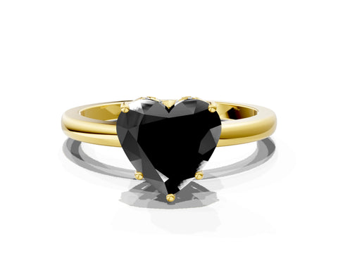 Yellow gold Fancy Black Heart Cut Solitaire Diamond Ring with Prong Setting and Plain Band