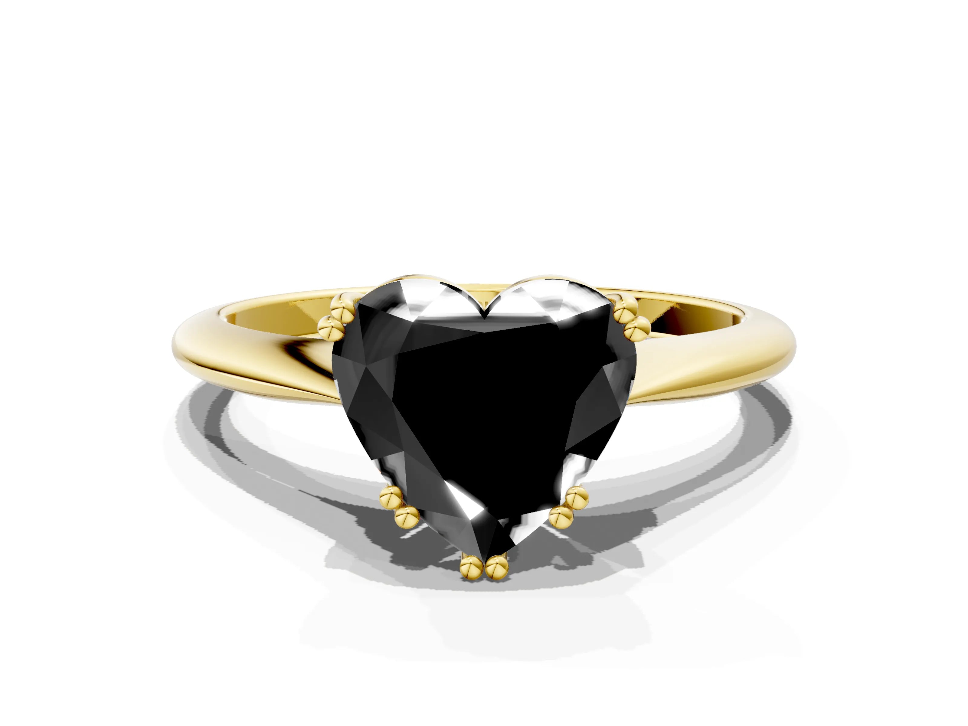 Yellow gold Fancy Black Heart Cut Solitaire Diamond Ring with Six-Prong Setting and Classic Band