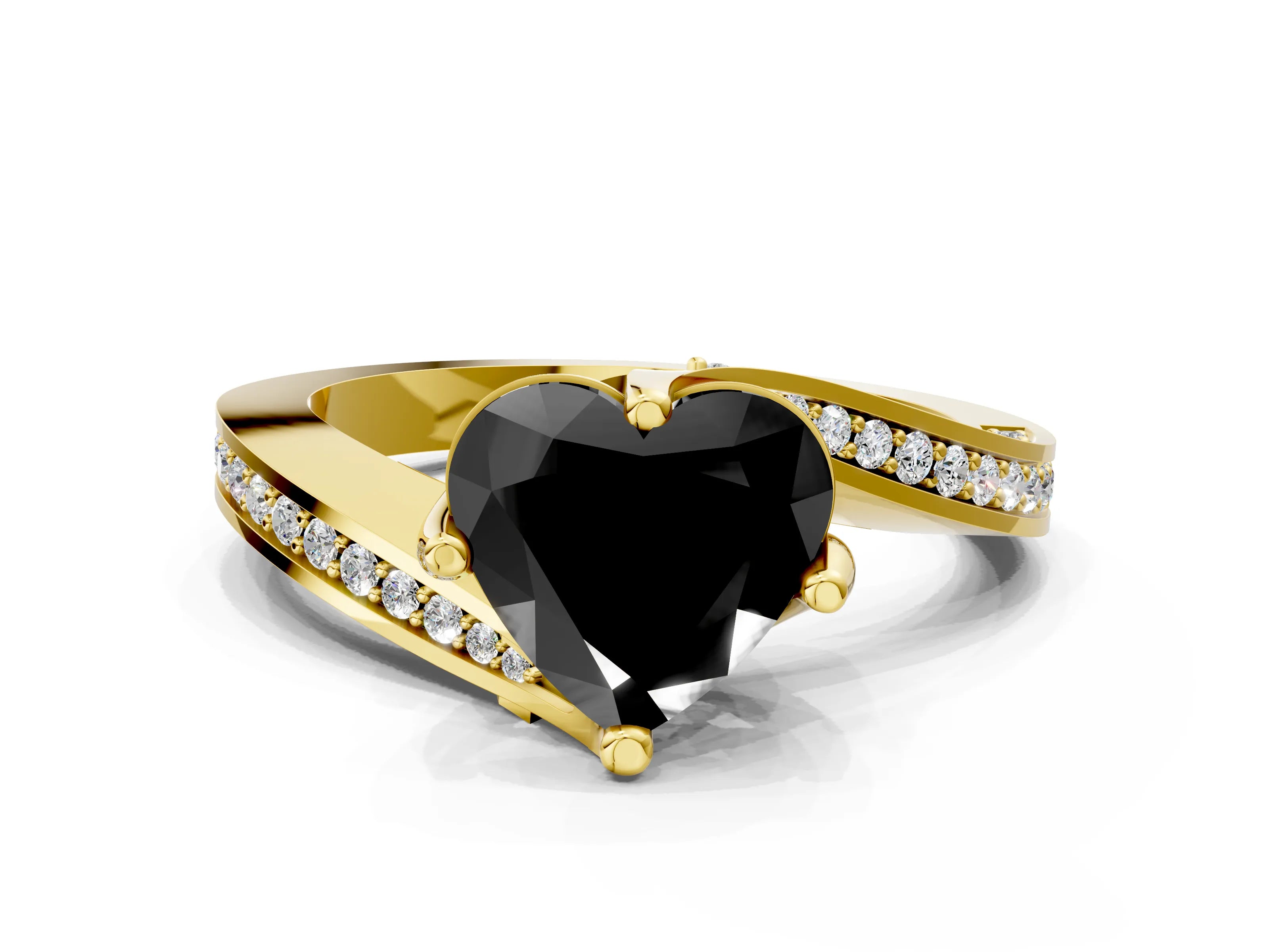 Yellow gold Fancy Black Heart Cut Solitaire Diamond Twist Band with Pavé Setting and Four-Prong Setting