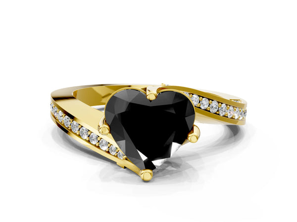 Yellow Gold Heart-Shaped Swirl Bypass Pave Engagement Ring Setting for Black Center