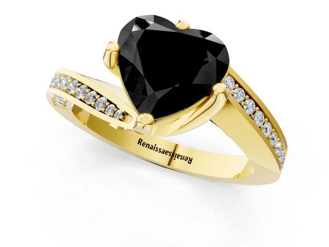 Yellow gold Fancy Black Heart Cut Solitaire Diamond Twist Band with Pavé Setting and Four-Prong Setting_1