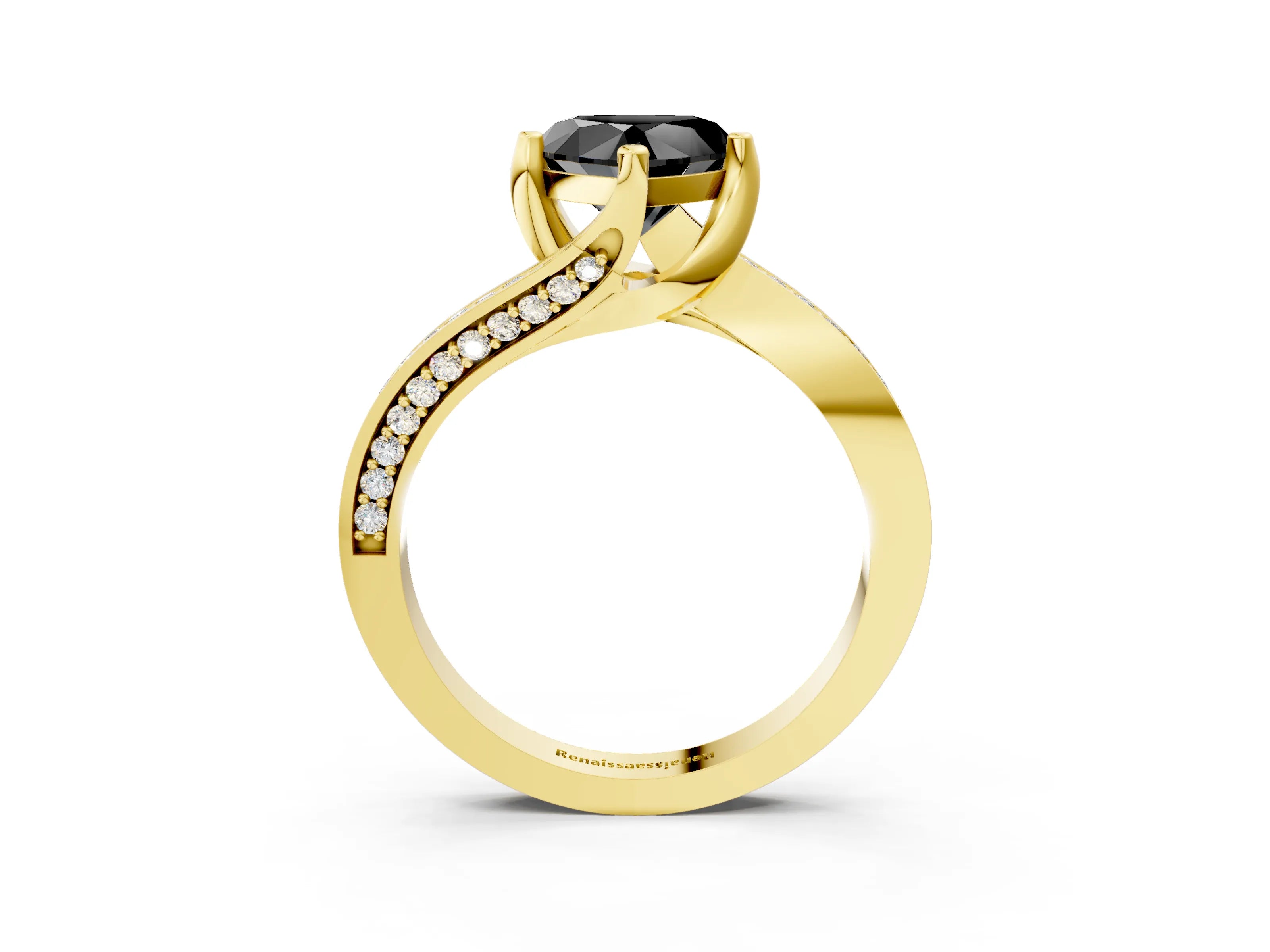 Yellow gold Fancy Black Heart Cut Solitaire Diamond Twist Band with Pavé Setting and Four-Prong Setting_3