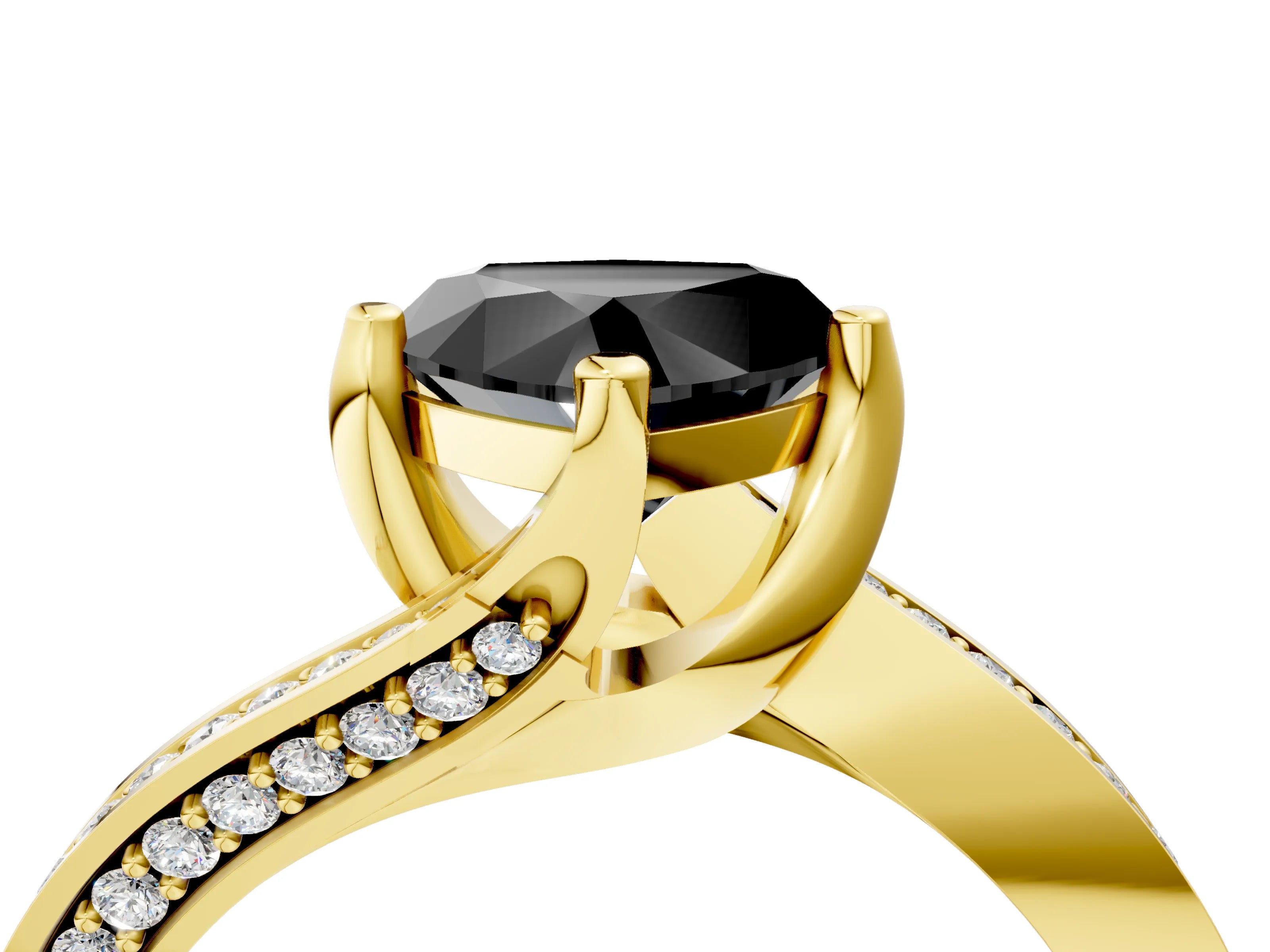 Yellow gold Fancy Black Heart Cut Solitaire Diamond Twist Band with Pavé Setting and Four-Prong Setting_4