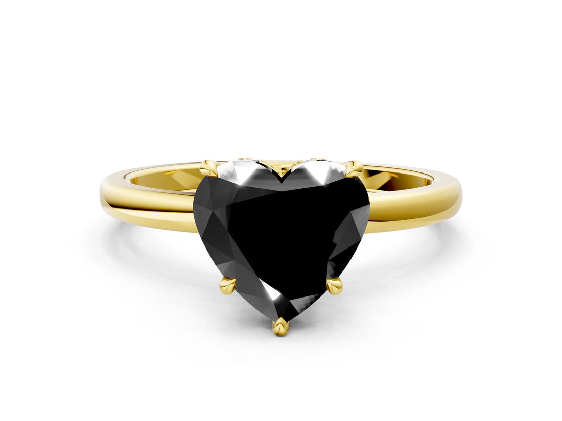 Yellow gold Fancy Black Heart Cut Solitaire Engagement Ring with Cathedral Band and Four-Prong Setting