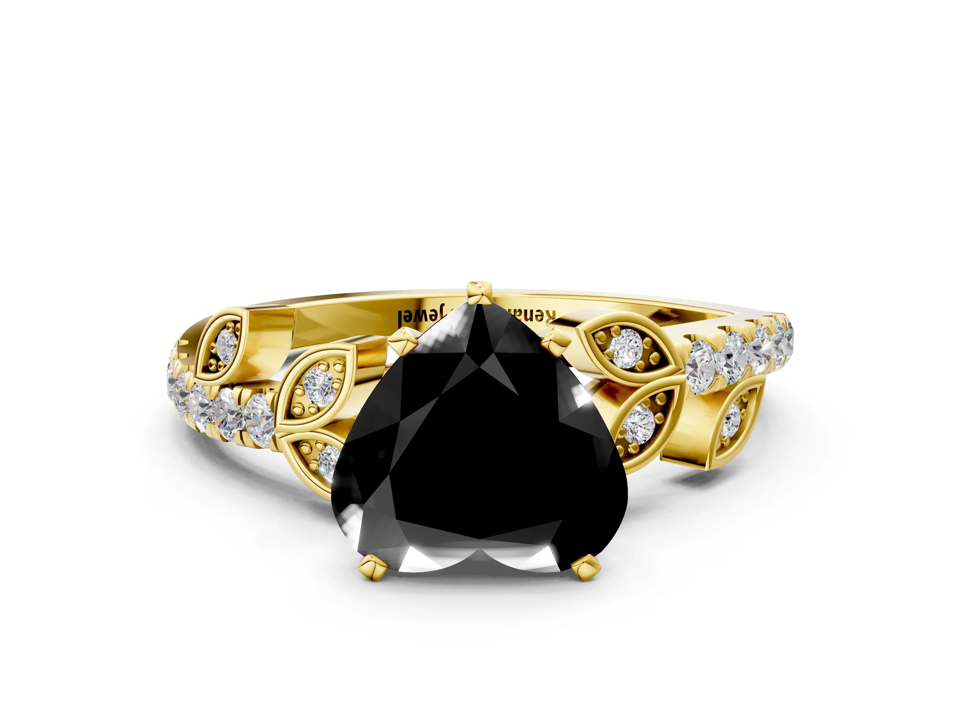 Yellow gold Fancy Black Heart Cut Solitaire Leaf-Inspired Diamond Ring with Pavé Band and Four-Prong Setting